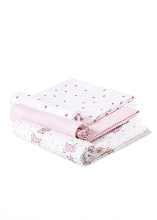 Set of 3 Muslin Diapers White-Pink With Paratrooper 80x80 Cm 98971-02 Don Algodon