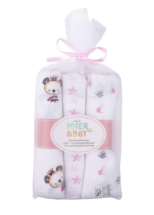 Set of 3 White Muslin Diapers With Pink Dots 80x80 Cm 99980-02 Don Algodon