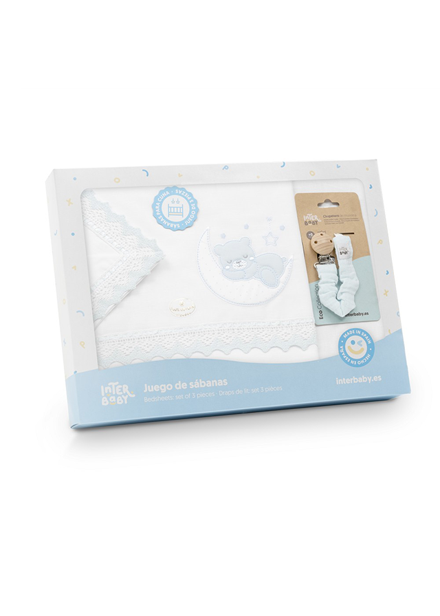 Set Lenjerie Patut 3 Piese Alb-Bleu Cu Ursulet Pe Semiluna 03317-11 Interbaby