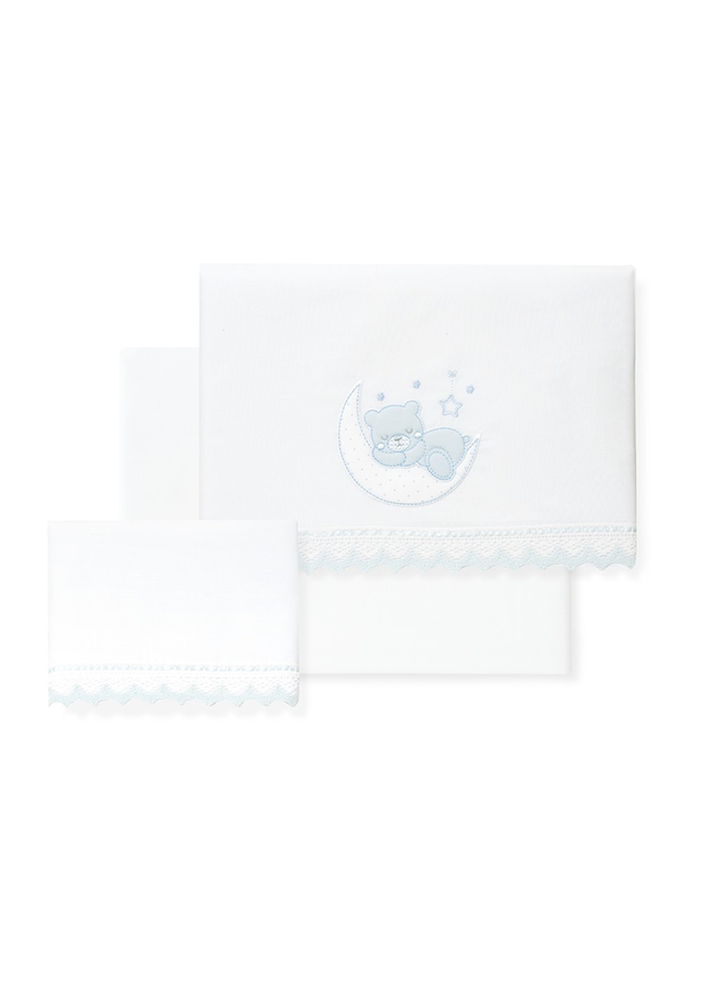 Set Lenjerie Patut 120x60cm 3 Piese Alb-Bleu Cu Ursulet Pe Semiluna 03317-11 Interbaby