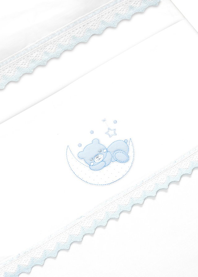 Set Lenjerie Patut 120x60cm 3 Piese Alb-Bleu Cu Ursulet Pe Semiluna 03317-11 Interbaby