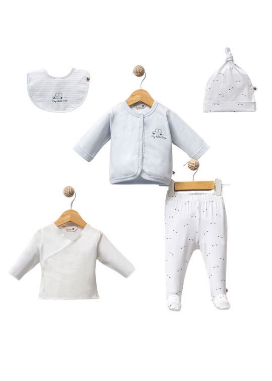 Set Nou Nascut 5 Piese Little Trip Alb-Bleu Cu Masinute 0007.0003-A 0-3 luni FUNNABABY