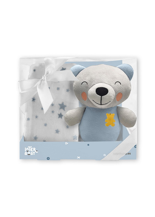 Set Paturica Fleece Cu Jucarie Ursulet Alb-Bleu PE016-01 Interbaby