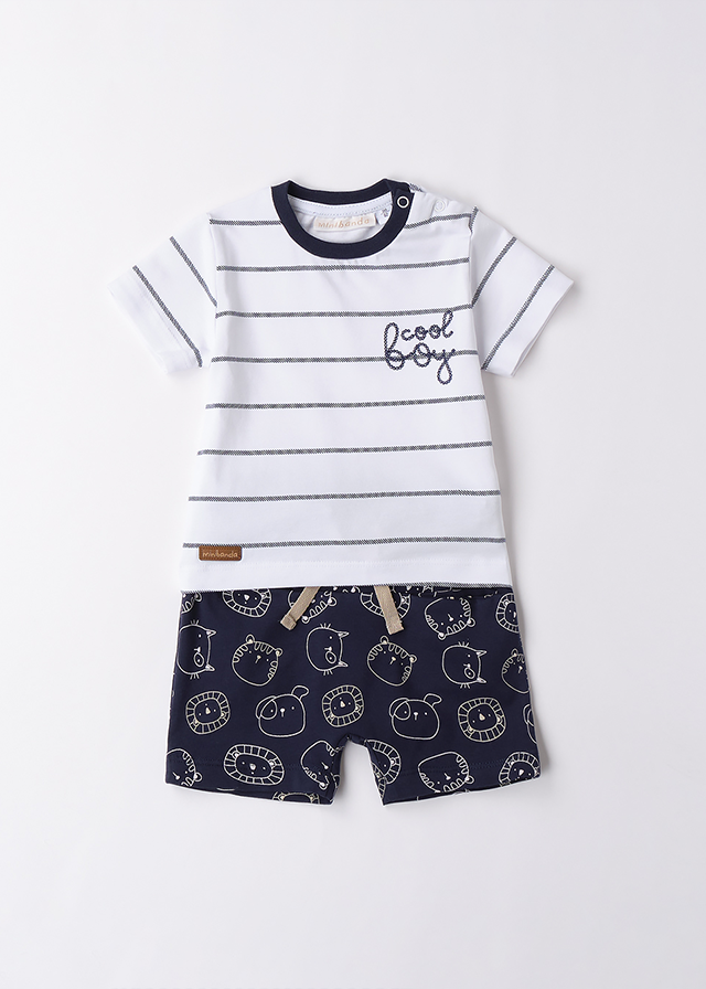 Set 2 Piese Tricou Alb Cu Dungi Si Pantaloni Scurti Bleumarin Cu Animale 3B678.00 Minibanda