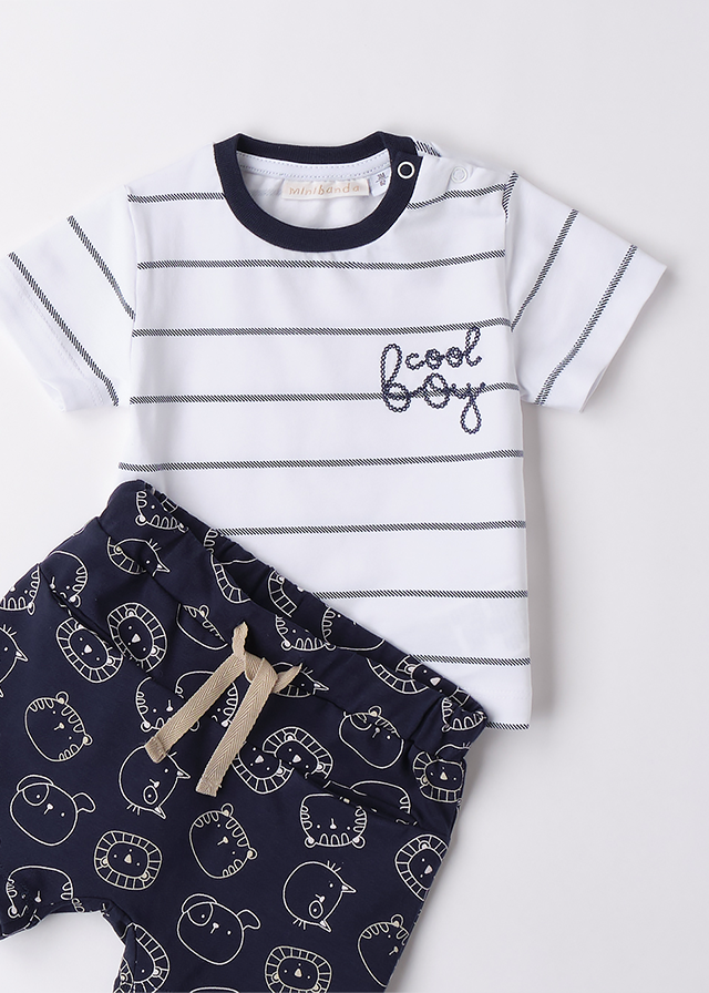 Set 2 Piese Tricou Alb Cu Dungi Si Pantaloni Scurti Bleumarin Cu Animale 3B678.00 Minibanda