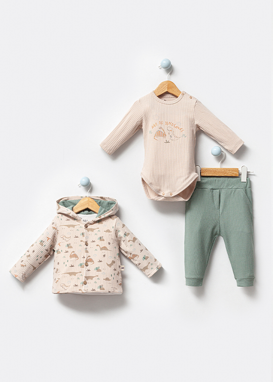 3 Piece Set for Boys Casual Organic Cotton Cream Sweatshirt with Dinosaurs Bodysuit and Green Long Pants 3006 Bubbles