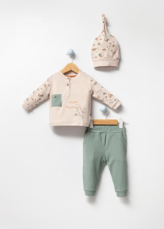 3 Piece Set for Boys Casual Organic Cotton Beige Shirt with Dinosaurs Green Long Pants and Hat 3003 Bubbles