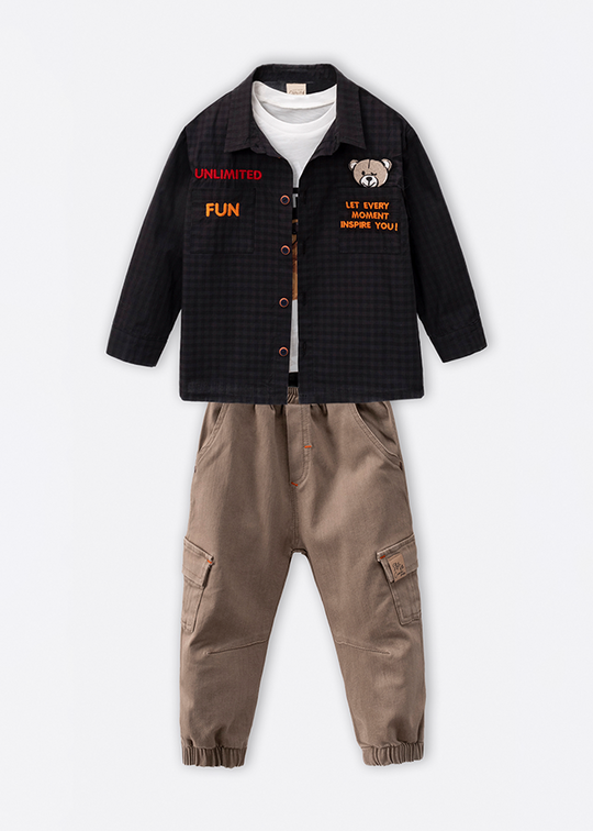 Set of 3 Casual Boys Navy Blue Pepit Shirt, Cream Blouse With Bear and Beige Cargo Pants 3564 Mino Baby