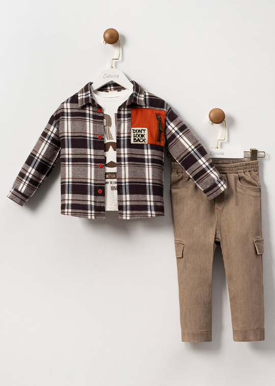 Set of 3 Casual Boys Navy Plaid Shirt With Beige Cream Blouse And Beige Pants 3558 Mino Baby