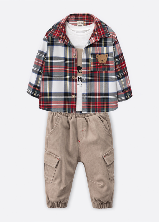 Set of 3 Casual Boys Red Plaid Shirt Cream Blouse With Bear And Beige Cargo Pants 3563 Mino Baby