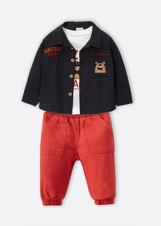 Set of 3 Casual Boys Cotton Navy Blue Shirt Pepit Cream Blouse With Bear And Red Pants 3553 Mino Baby