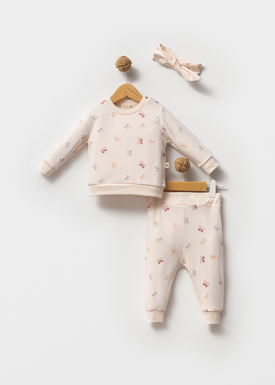 Set 3 Piese Casual Fete Din Bumbac Organic Bluza Si Pantaloni Crem Cu Fluturi Colorati Si Bentita 7031 Bubbles