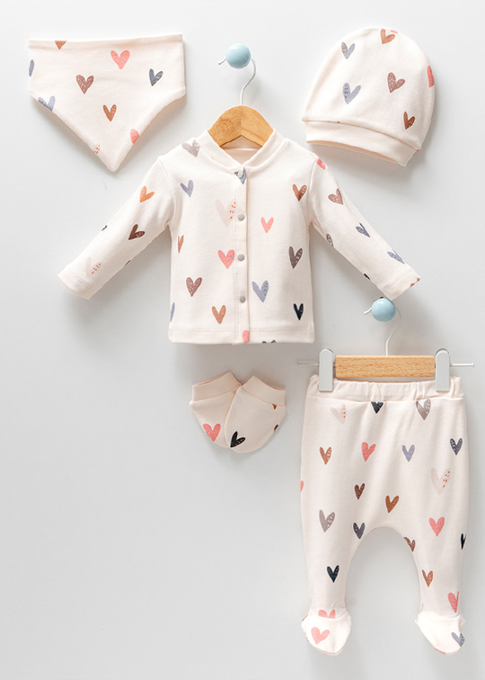 Set Nou Nascuti 5 Piese Casual Fete Din Bumbac Organic Crem Cu Inimi 5001 Bubbles