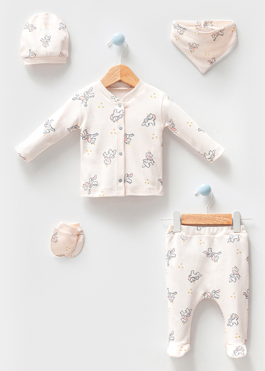 Set Nou Nascuti 5 Piese Casual Fete Din Bumbac Organic Ivory Cu Unicorni 5011 Bubbles