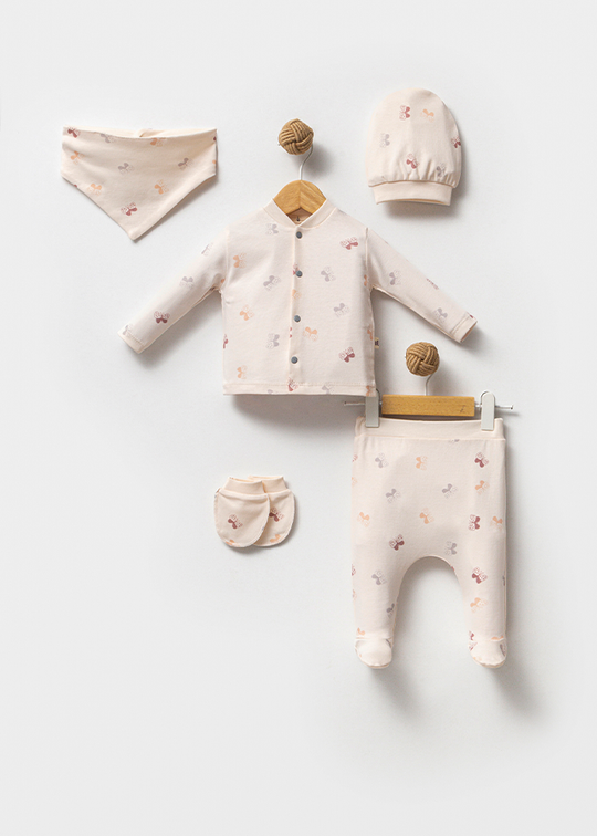 Set Nou Nascuti 5 piese Casual Fete Din Bumbac Organic Crem Cu Fluturi Colorati 5031 Bubbles