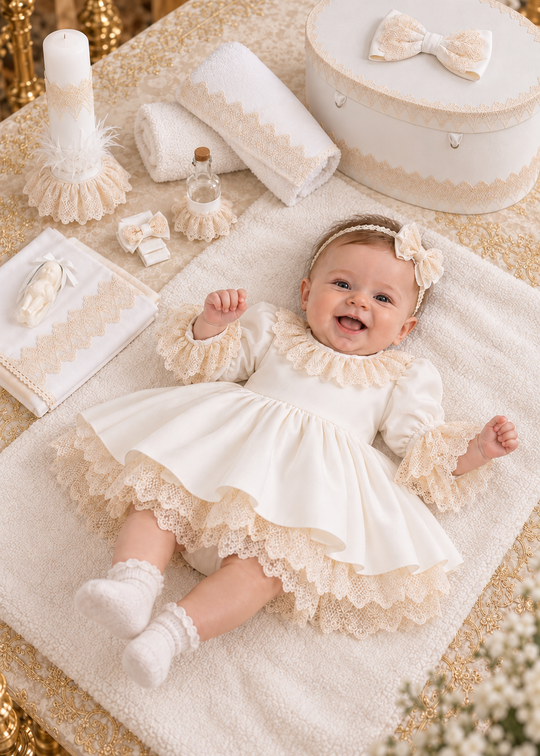 Set de Botez din Satin Capucino cu Dantela, 4 Piese pentru Fetite – Adele | AnneBebe