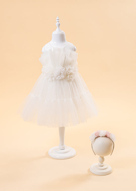 Cream Ceremony Dress with Tulle Ruffle on Bust and Flowers at Waist 6016 Lugu