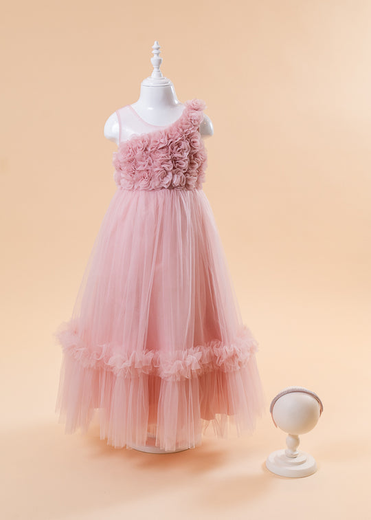 Powder Pink Ceremony Dress with Appliqued Flowers on Bust and Tulle Skirt 2349 Lugu