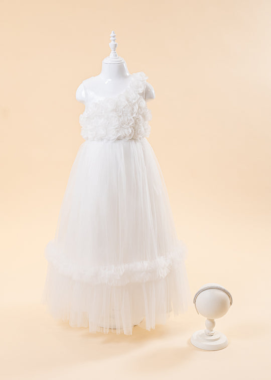 White Ceremony Dress with Appliqued Flowers on Bust and Tulle Skirt 2349 Lugu