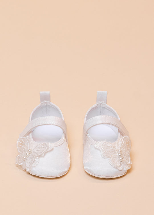 Balerini Saten Crem cu Fluture si Perle 231214 Sinderella