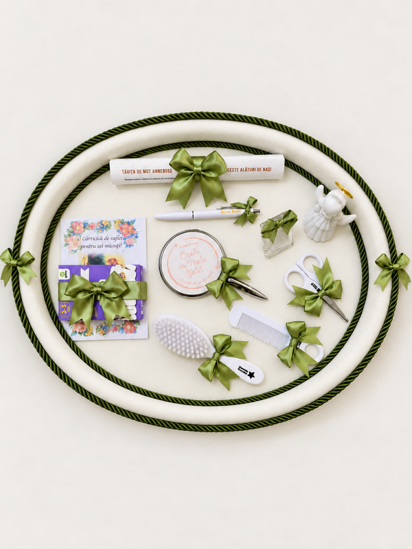Tavita Mot Catifea Ivory Cu Fundite Si Snur Verde Olive | AnneBebe