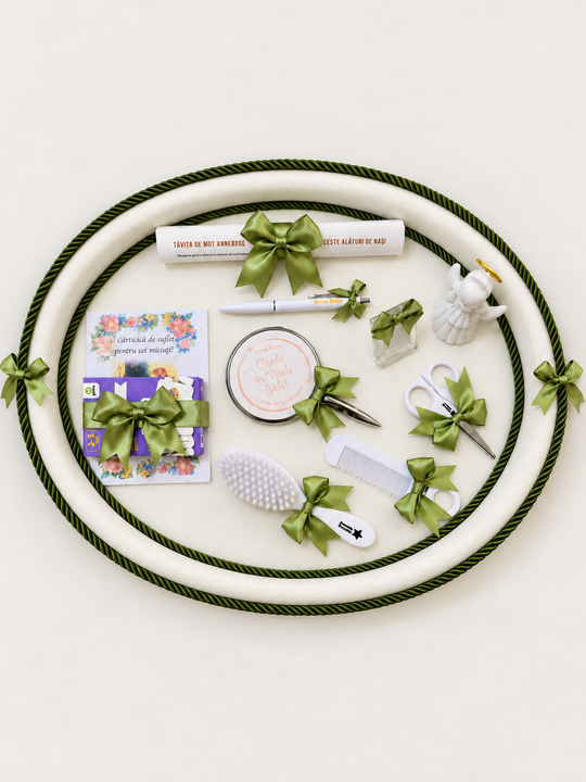 Tavita Mot Catifea Ivory Cu Fundite Si Snur Verde Olive | AnneBebe