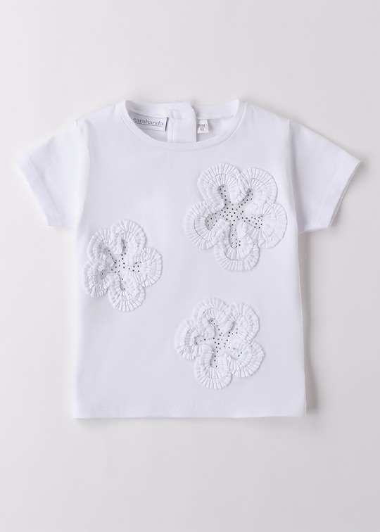 White T-shirt with Embossed Flowers and Rhinestones 0B311.00 Sarabanda