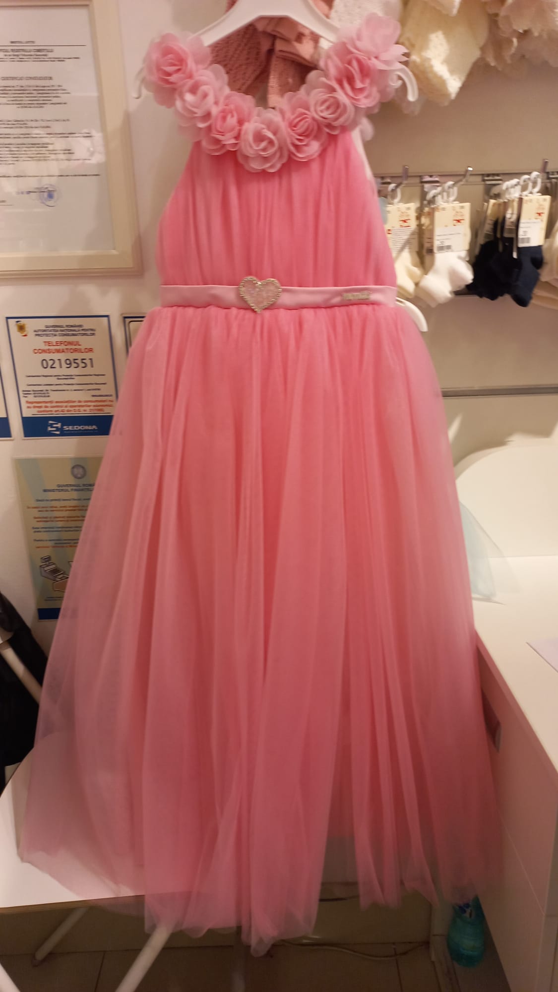 Ceremony Dress, Long Pink Tulle with Appliqued Flowers and Heart at Waist 2934 Mon Princess