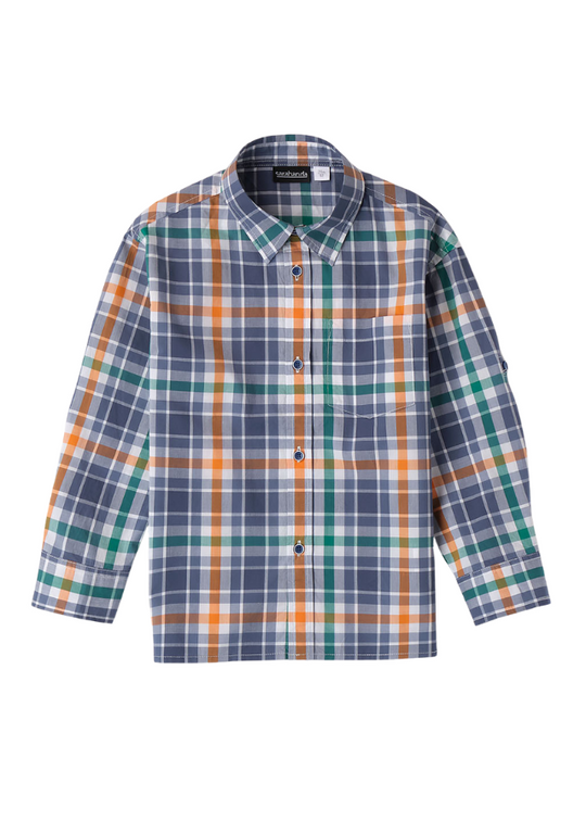 Shirt with Long Sleeves in Navy Blue and Orange Checks 8071 Sarabanda