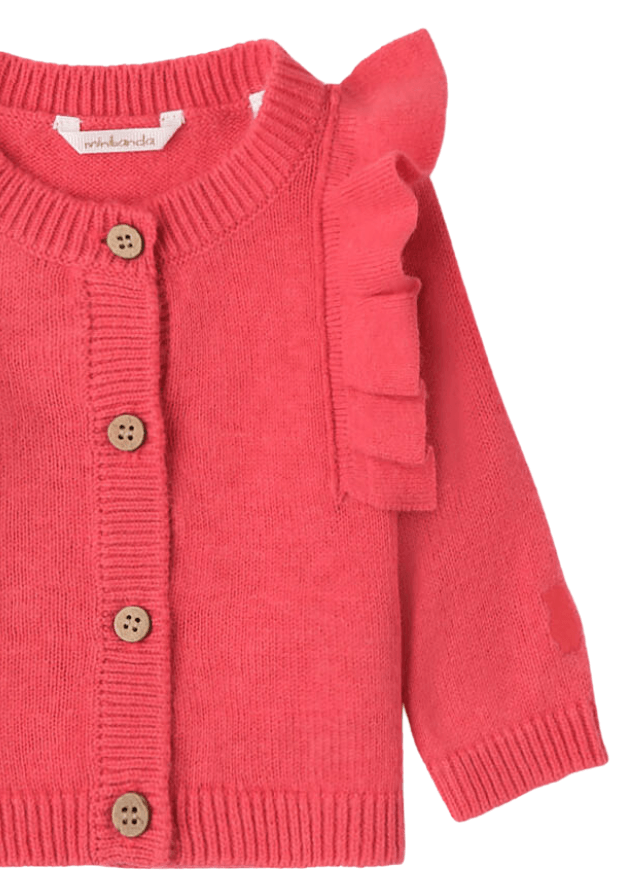 AnneBebe - Cardigan Tricotat pentru Fetite, Rosu Corai cu Volane pe Umeri 7713 Minibanda