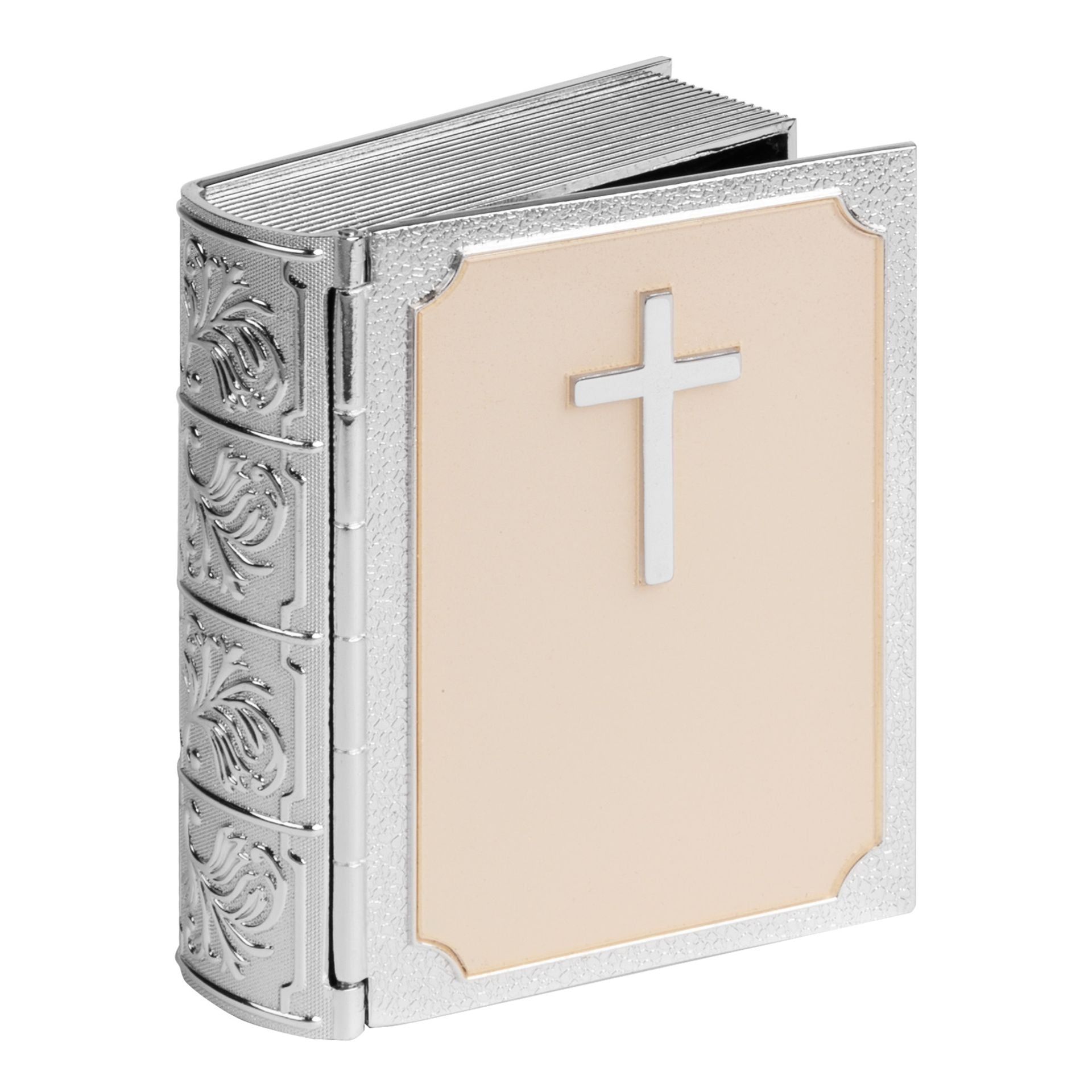Caseta argintata amintiri bebelus botez in forma de biblie CG225