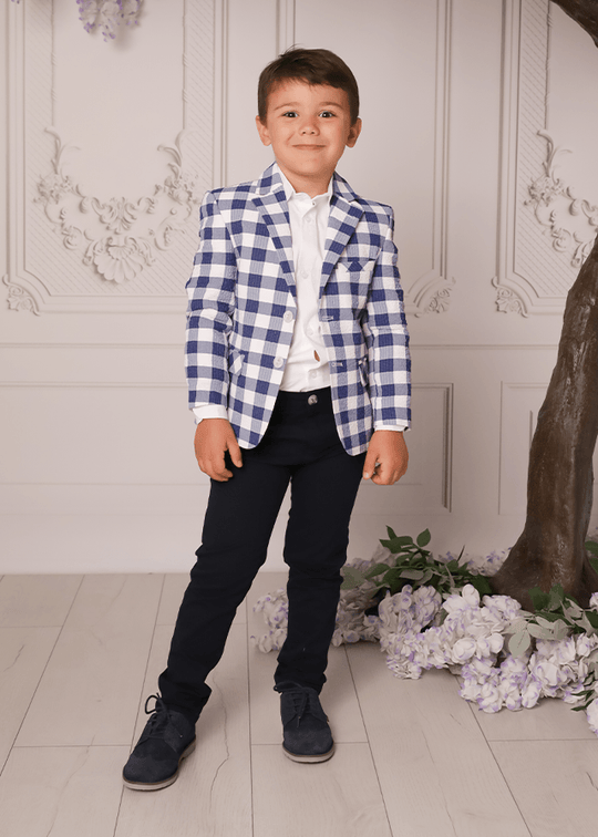 Costum Ceremonie Baieti Sacou Carouri Albastre Camasa Alba Pantaloni Bleumarin 9809 Lemon