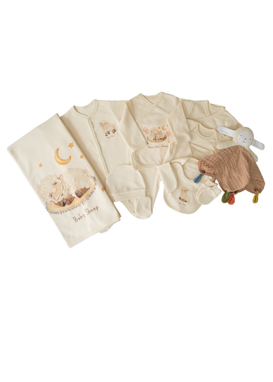 Set 12 Piese Maternitate din Bumbac Organic Bej cu Oite si Jucarie de Atasament S38602 KitiKate