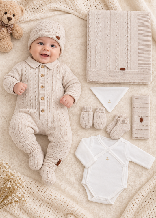 Set Nou-Nascut Tricotat Bej 8 Piese pentru Baieti 3804 – Leo King