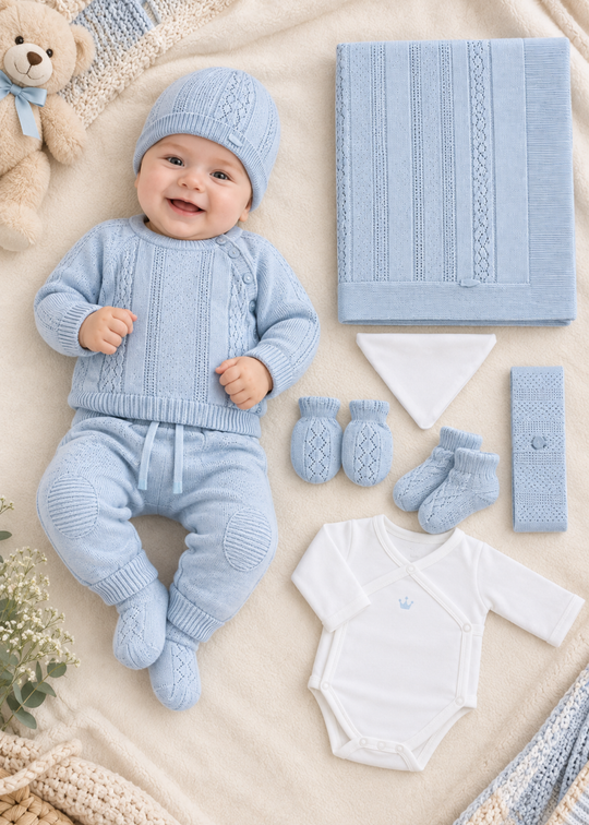 Set Nou-Nascut Tricotat Bleu 9 Piese pentru Fete 3160 – Leo King