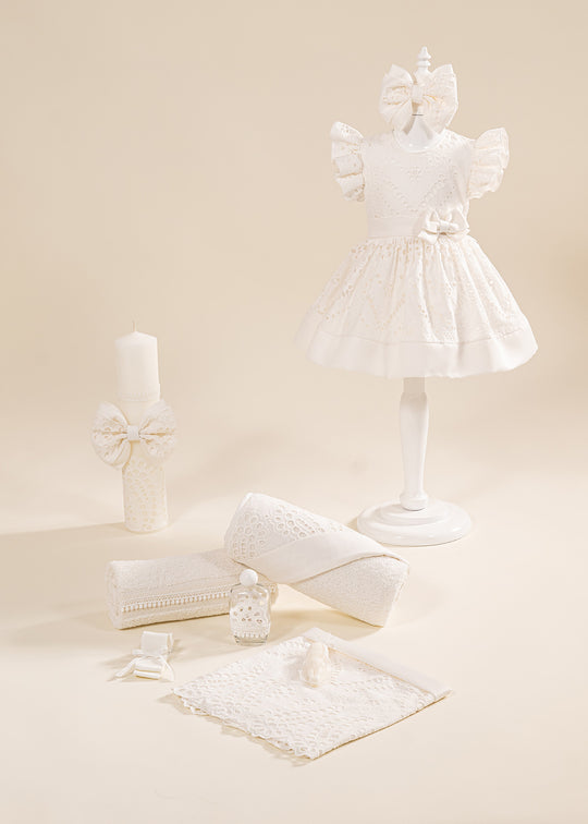 Christening Set Malina 3 Pieces, Dress, Trouser and Candle Personalized Baptism AnneBebe
