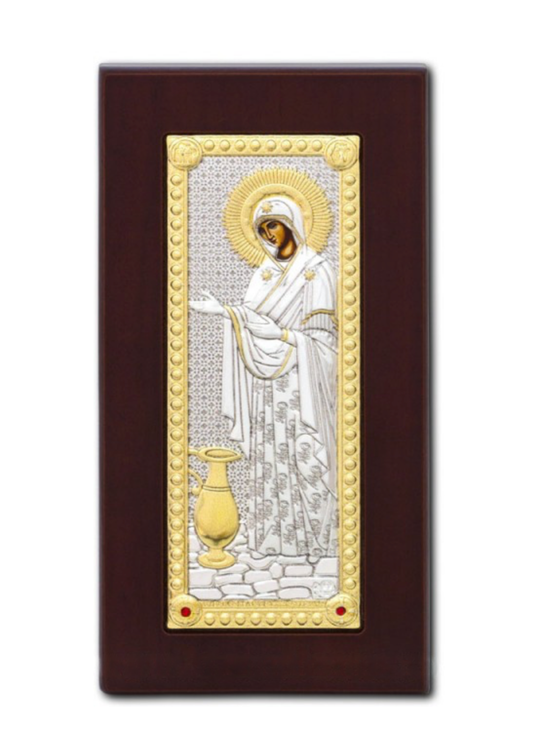 Icoana Argintata din Lemn Maro cu Maica Domnului Gerontissa 6x12 cm PT20-018 – Bizanticons Art