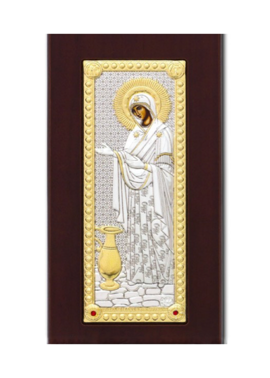 Icoana Argintata din Lemn Maro cu Maica Domnului Gerontissa 16x8.5 cm PT30-018 – Bizanticons Art