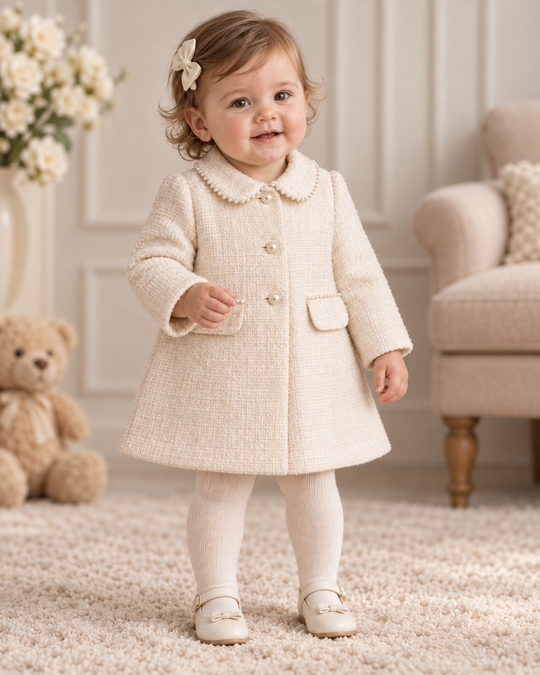 Palton de Botez Crem cu Perle pentru Fete – AnneBebe