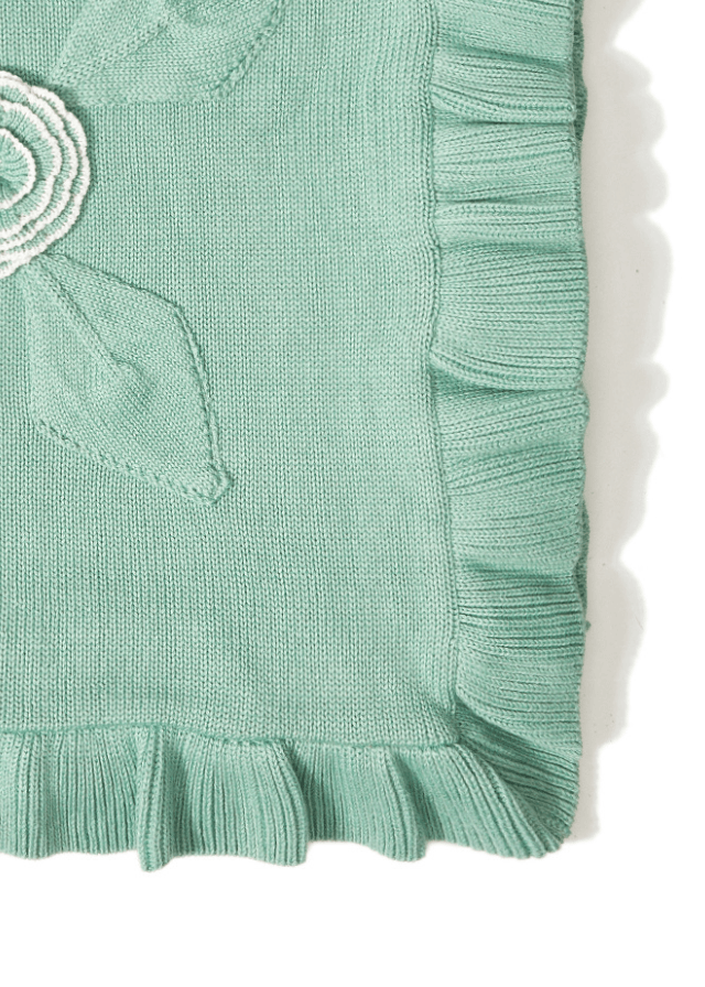 AnneBebe - Patura Tricotata din Bumbac pentru Bebelusi, Verde cu Volanase si Floare 21003 Patique
