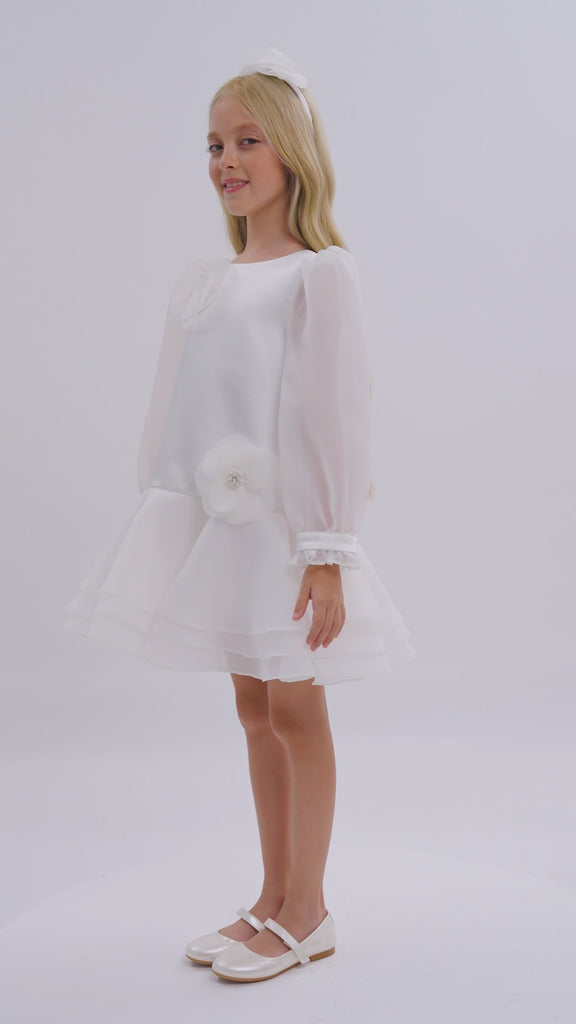 Rochie Ceremonie Ivory din Organza cu Maneci Lungi din Voal 36057 Pamina