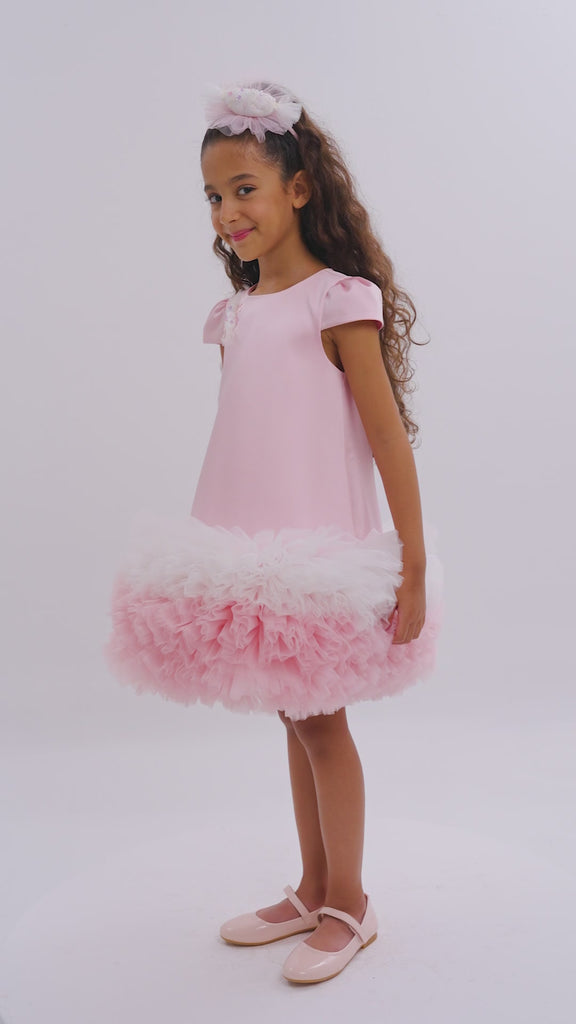 Rochie Ceremonie Roz Maneca Scurta cu Volane din Tull 36012PR Pamina