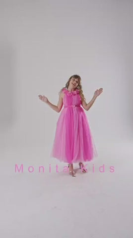 Rochie Ceremonie Roz din Tulle Lunga cu Flori Aplicate si Inima in Talie 2934 Mon Princess