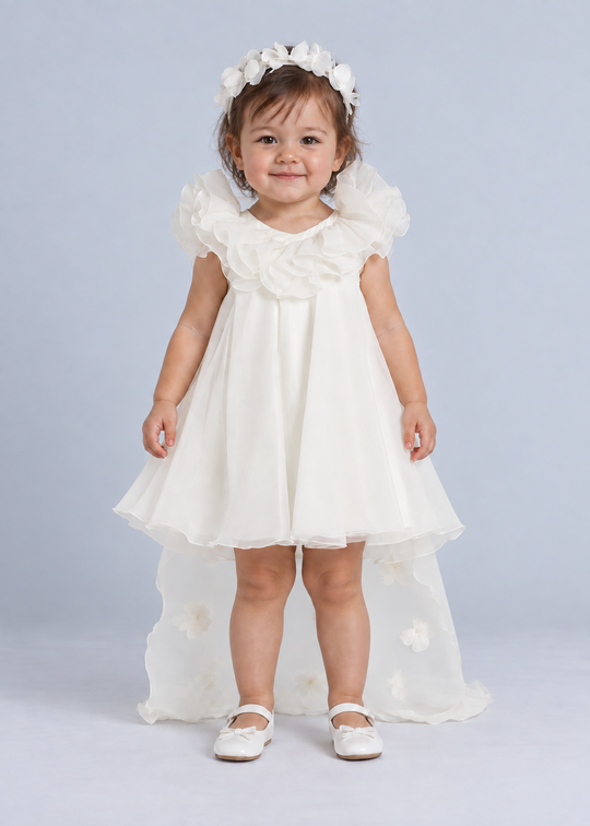 Rochie Ceremonie Organza Crem cu Trena si Volan pe Umeri 3038 Mon Princess