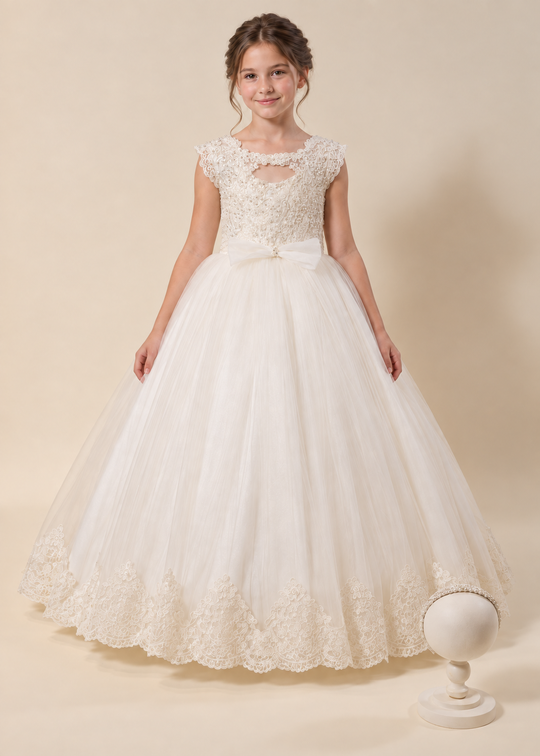 Rochie Ceremonie Lunga Crem Bust Dantela Fusta din Tulle cu Crinolina 3102 Mon Princess
