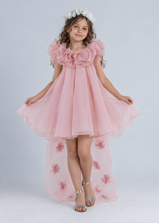 Rochie Ceremonie cu Trena Organza Somon Flori Aplicate 2962 Mon Princess