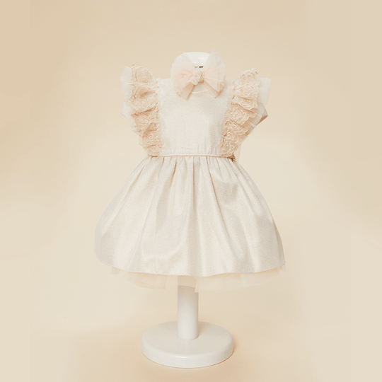 Elegant Girls Dress Carla Cappuccino Shiny With Pink Annebebe Lace