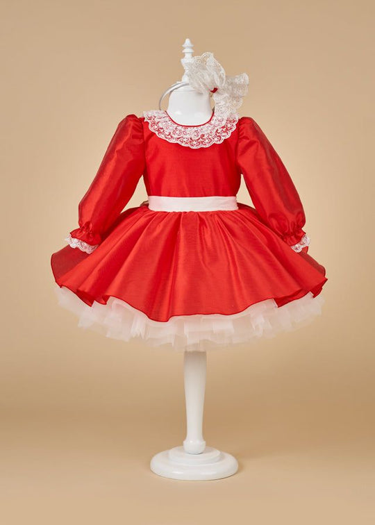 AnneBebe Red Taffeta Tull Girls Long Sleeve Elegant Dress