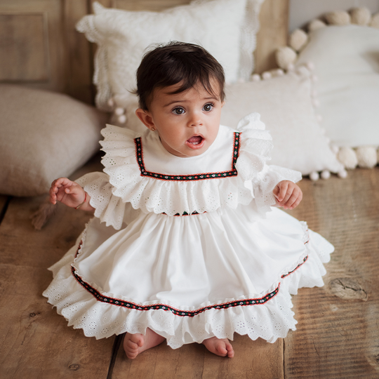 Girls Traditional Dress Cream Cotton Ruffles &amp; Lace AnneBebe