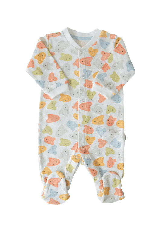 White Baby Long Jumpsuit Organic Cotton Multicolored Bears S99327 Kiti Kate